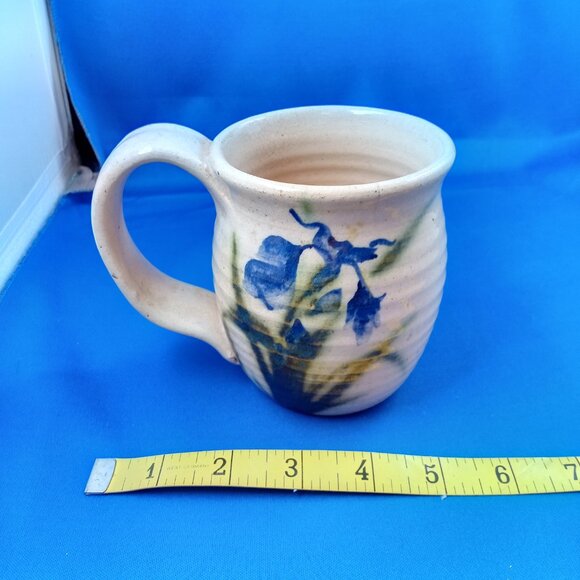 Handmade art pottery mug with blue iris design - Picture 3 of 8